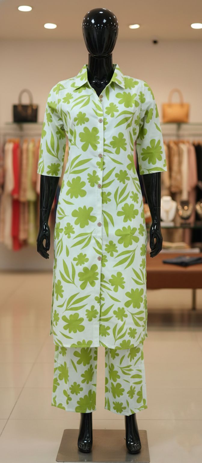 Co-ord Set - Elegant Floral Green Leaf Printed Buttoned Long Kurta with Matching Pants Set