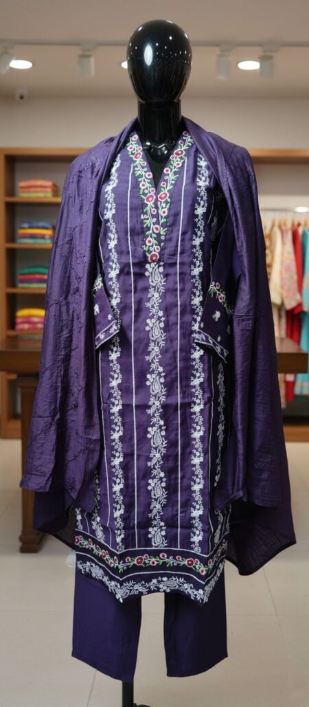 Exquisite Wine Color Roman Silk Suit Set with Intricate Embroidery