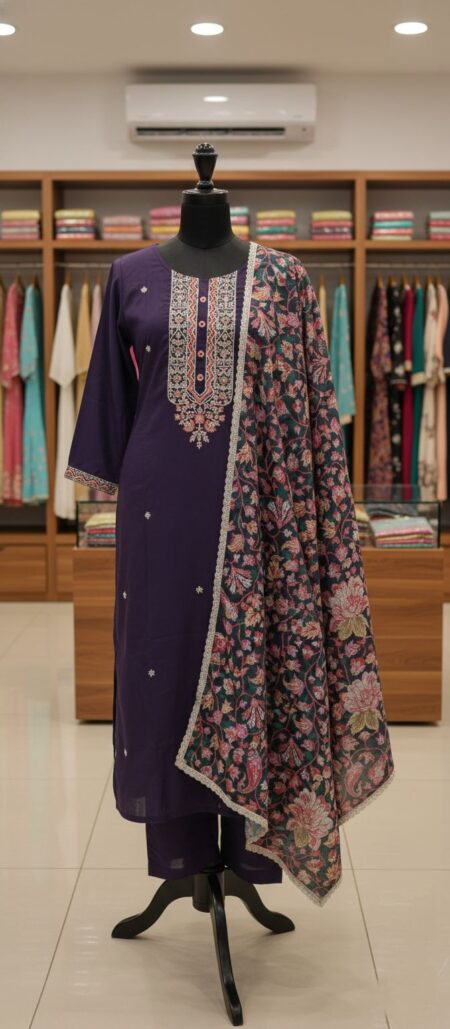 Elegant Wine Muslin Silk Suit Set with Floral Printed Art Silk Dupatta