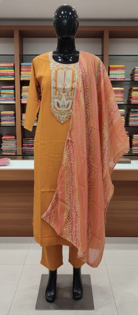 Elegant Rust Orange Muslin Silk Suit Set with Printed Chiffon Dupatta