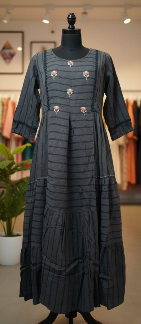 Charcoal Brown Crinkled Khadi Cotton Tiered Gown