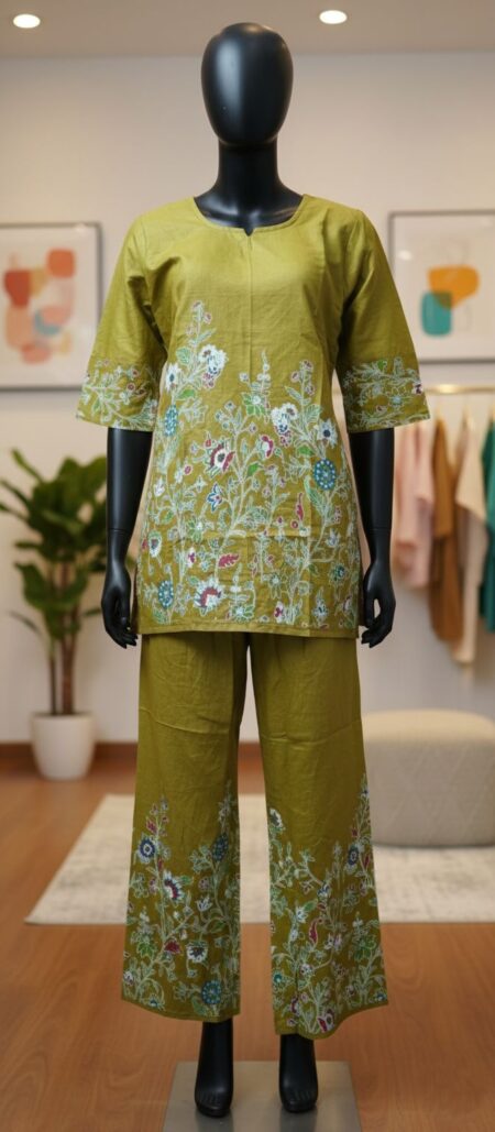 Stylish Olive Green Flax Co-ord Set with Wide-Leg Pants