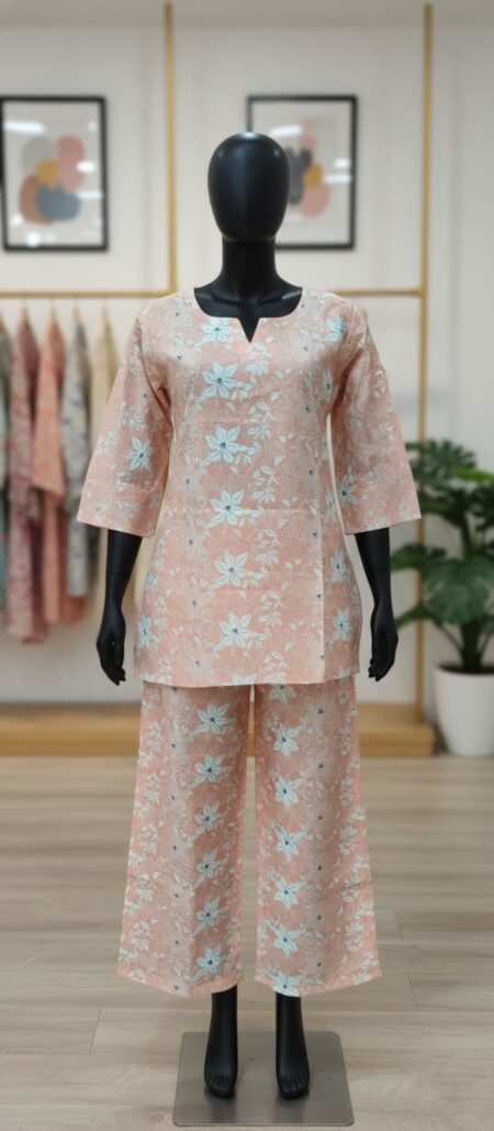 Stylish Peach Floral Print Flax Co-ord Set with Wide-Leg Pants