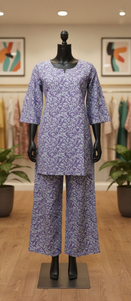 Stylish Violet Rayon Co-ord Set with Botanical Print
