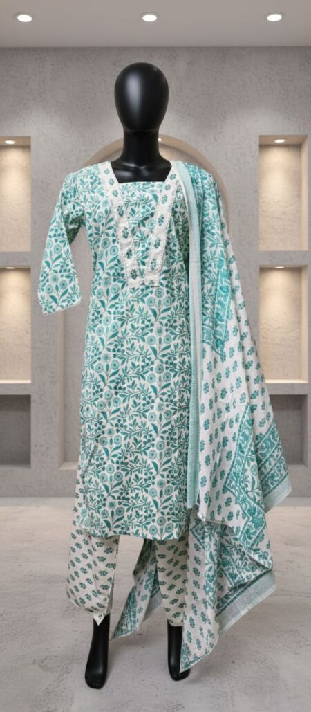 Elegant Jade Green Jaipuri Cotton Suit Set