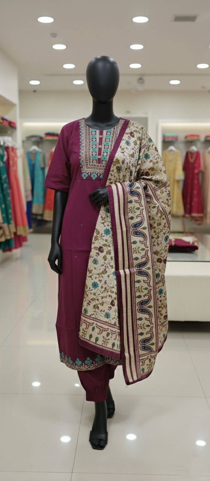 Exquisite Wine Red Embroidered Muslin Silk Kurti for Women