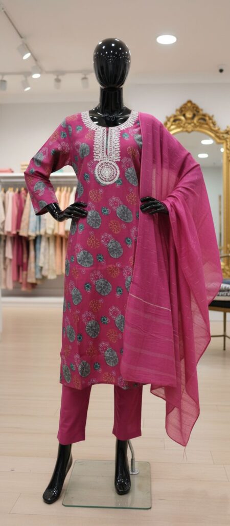 Vibrant Hot Pink Roman Silk Suit Set with Zari and Mirror Work