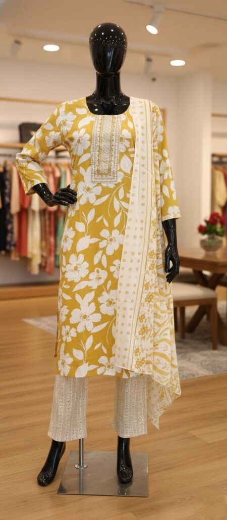 Vibrant Mustard Yellow Cotton Slub Suit Set with Sequins