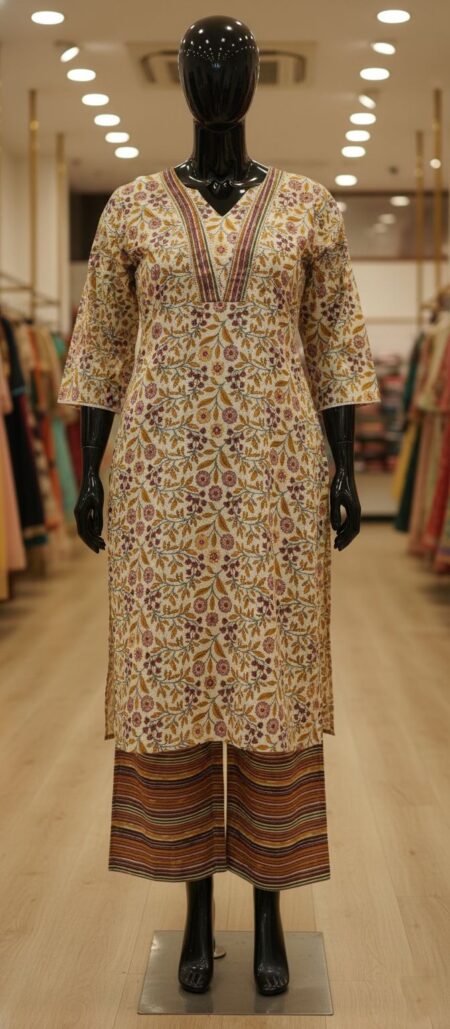 Elegant Plus Size Beige Cream Jaipuri Cotton Suit Set