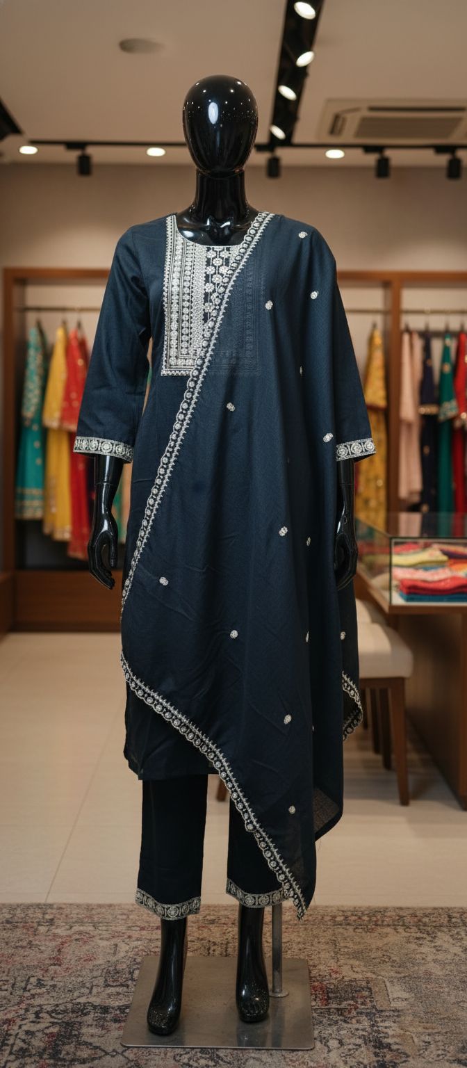 Elegant Black and Golden Embroidered Cotton Muslin Silk Suit Set for Women