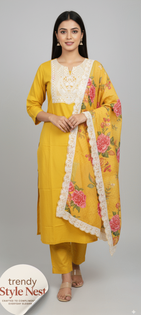 Elegant Mustard Yellow Muslin Silk Suit Set with Floral Dupatta