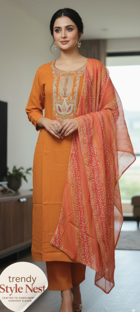 Elegant Rust Orange Muslin Silk Suit Set with Printed Chiffon Dupatta