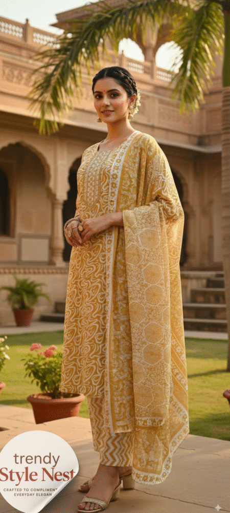 Vibrant Golden Yellow Cotton Slub Suit Set with Sequins