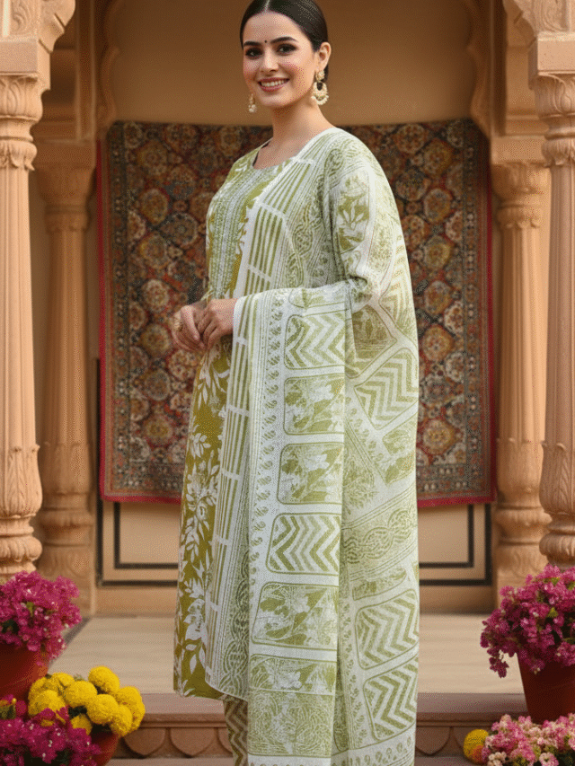 Sea Green Cotton Suit Set with Floral Embroidery