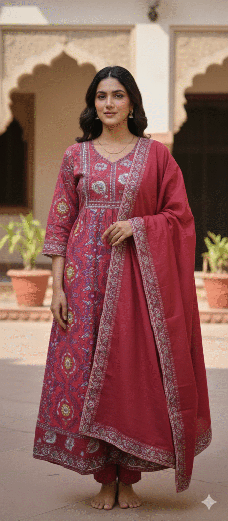 Women's Cotton Anarkali Embroidery Designer Long Anarkali Kurti With Pant and Dupatta Set (Red)