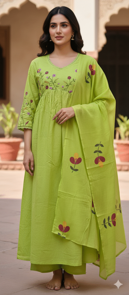 Women's Cotton Embroidered Long Anarkali Kurti with Pant and Dupatta Set Lime Green