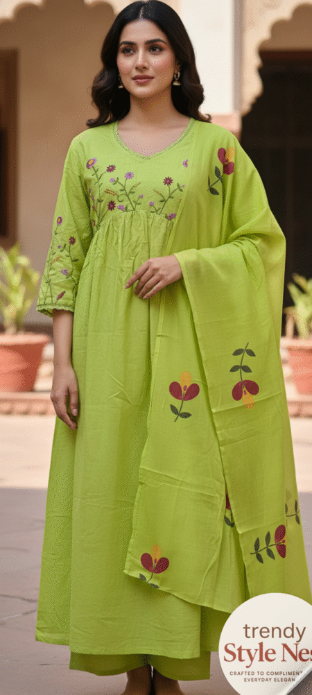 Women's Cotton Embroidered Long Anarkali Kurti with Pant and Dupatta Set Lime Green