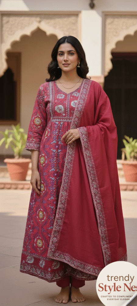 Women's Cotton Anarkali Embroidery Designer Long Anarkali Kurti With Pant and Dupatta Set (Red)